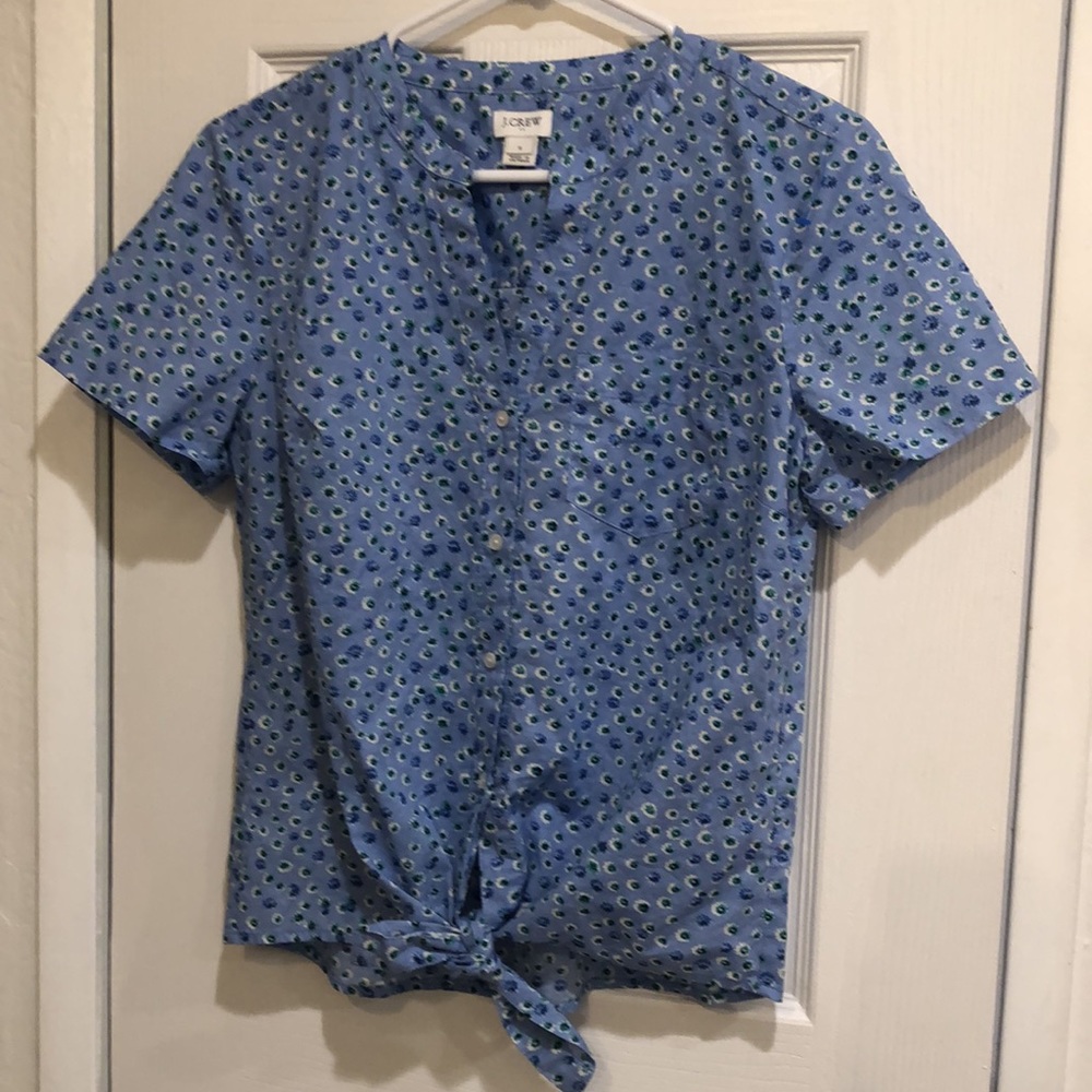 J. CREW FACTORY Women’s Blue/Green Floral Button Down, Tie Front Blouse. Size Sm